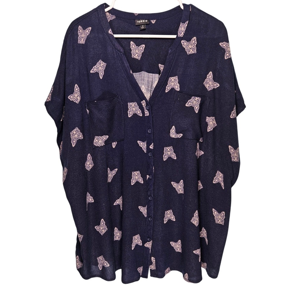 Torrid Navy Blue French Bulldog Sugar Skull Blouse 4 Plus Size Dog Lover